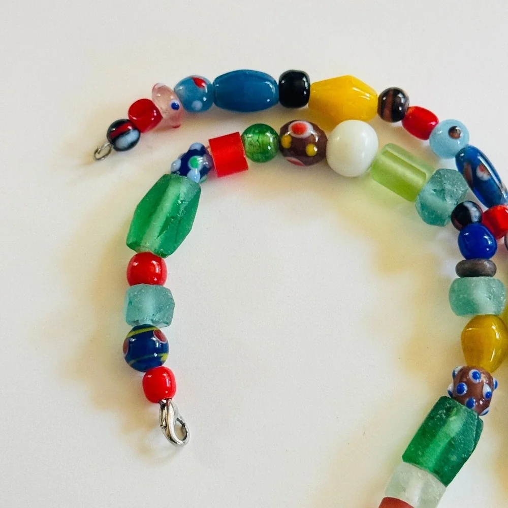 VTG‎ BOHO Art glass Necklace Colorful Beads lampwork Murano trading rare 18